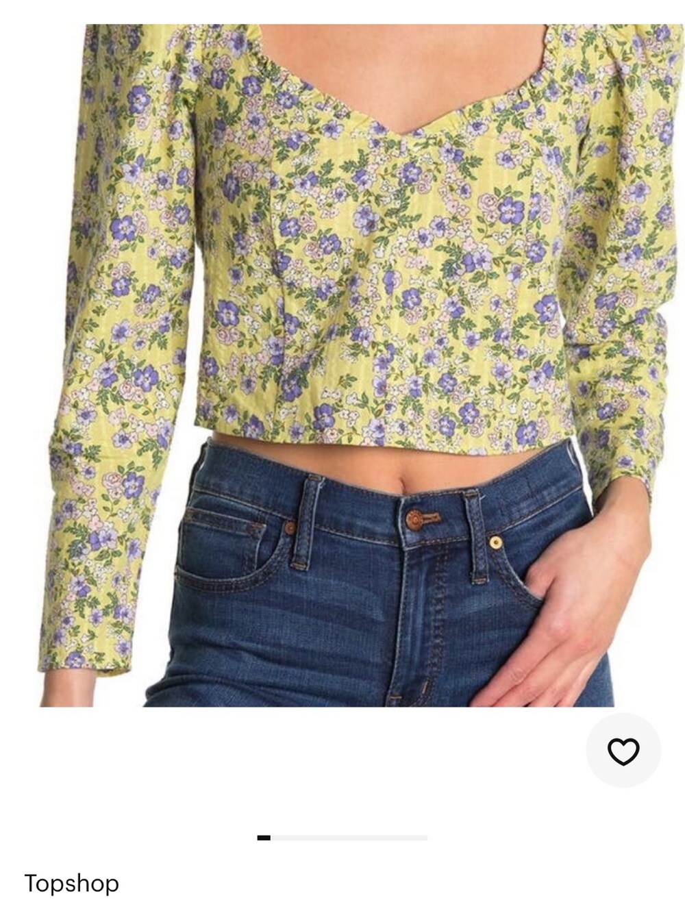 Topshop Lime Floral Sweetheart Crop Blouse with Long Sleeves